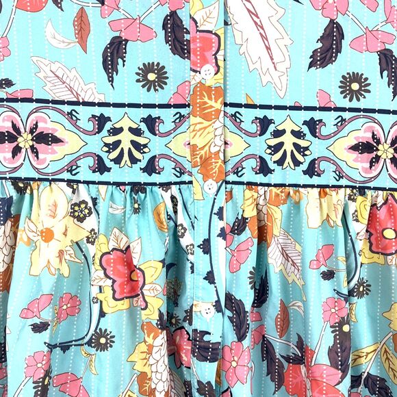 Boho Floral Paisley Tunic Blouse Womens SZ L Turquoise High neck High Low Hem - Picture 7 of 9